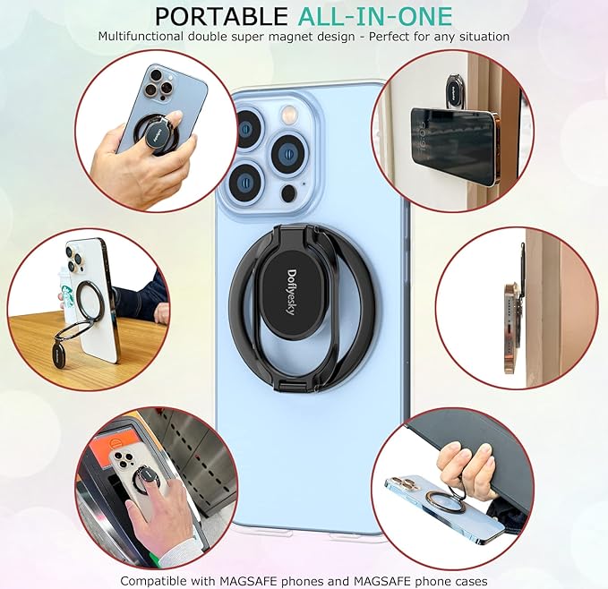 Doflyesky Magnetic Phone Ring Holder for iPhone, Double Adjustable Gym Phone Grip Holder and Stand Removable for Magsafe Case, iPhone 17/16/15/Pro Max Plus SE
