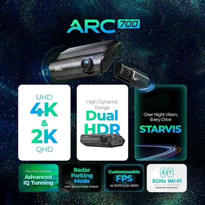 THINKWARE ARC700 4K HDR Dash Cam Front and Rear - 4K+2K Dual Dashboard Camera, Low Power Parking Mode, Thermal Protection, Wi-Fi, GPS, Speed/Red Light Alerts, (64GB MicroSD & Hardwiring Cable Incl)