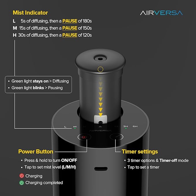Airversa Waterless Essential Oil Diffuser Starter Kit with 30mL Hotel Fragrance Oil Inspired by Ritz-C., Battery Operated Car Diffuser, Portable Aroma Nebulizer for Home Car Office, AN6Kit-B, Black