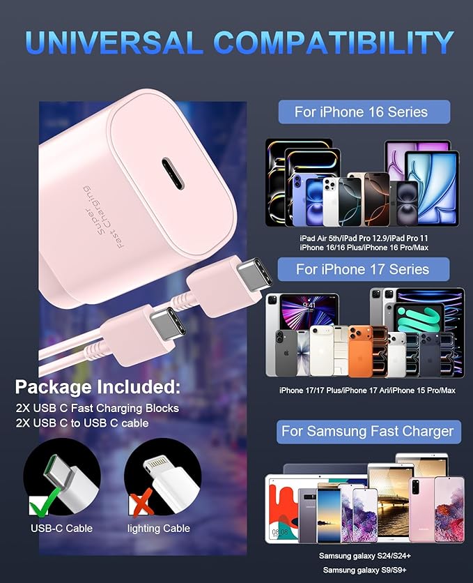 Phone 17 16 15 Charger Fast Charging,30W USB C Phone 17 16 15 Pro Max Charger Block &6.6FT Long Type C Cable Cord for i.Phone 17/Air/17 Pro/17 Pro Max/16/16 Plus/16 Pro/16 Pro Max/15/15 Pro Max,Pink