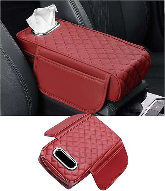Car Center Console Armrest Pad for Lincoln, Leather Cover with Storage Pocket & Tissue Box Holder, Memory Foam Cushion for Aviator Standard SUV 2020-2025,Red