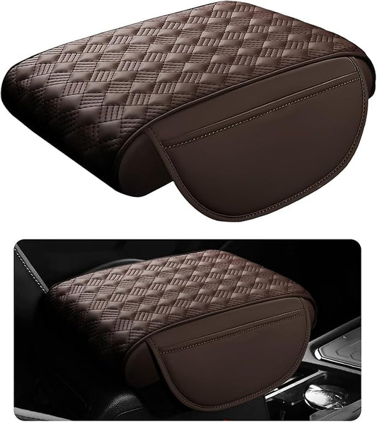Car Armrest Cushion, 12.2"×8.3" Leather Auto Memory Foam Center Console Pad with Storage Pocket, Waterproof & Anti-Scratch Elbow Pillow Armrest Seat Box Protector, Universal Fit (Coffee)