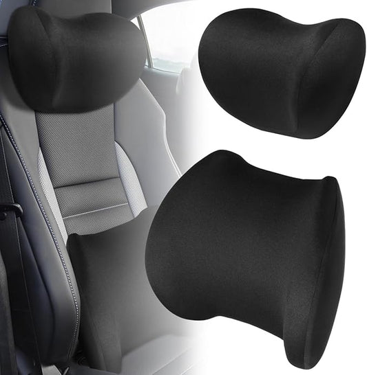 Car Headrest Lumbar Support Cushion, Memory Foam Head, Waist Pillow for Car Seat with Detachable Zipper Cover, in Black