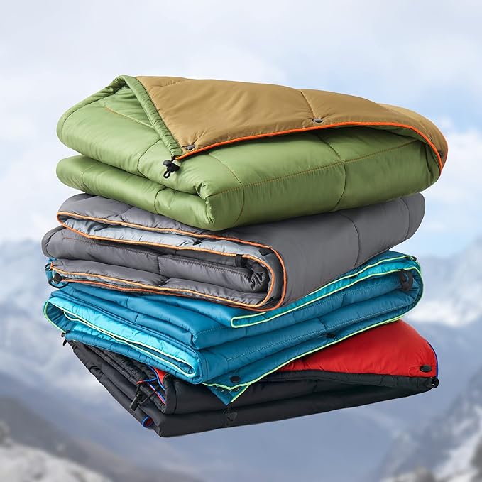 UNIKOME Outdoor Packable Camping Blanket, Lightweight Travel Blanket for Camping, Dual-Sides Puffy Down Alternative Camping Blanket with Snap Clasps, 75"×52", Black&Red