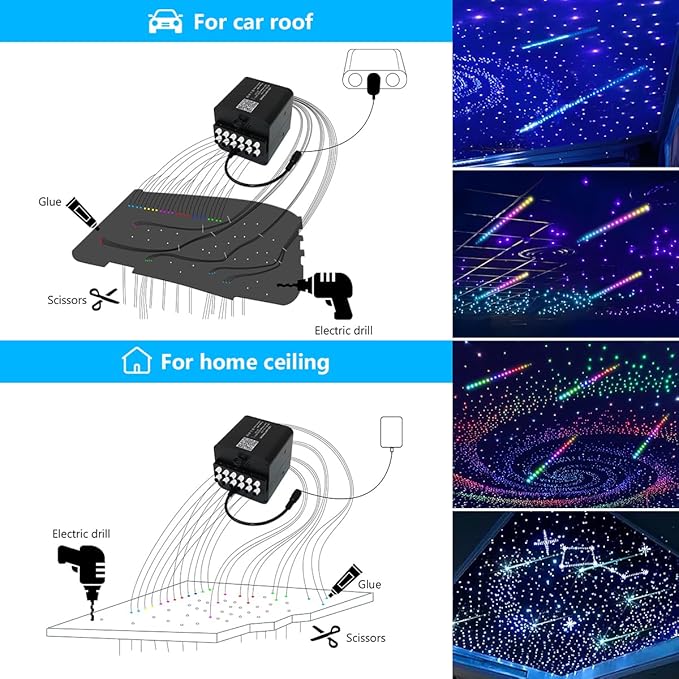 AKEPO 36W 4 Color Twinkle Fiber Optic Starlights Headliner Lights Kit, Optical Fibers Music Sync Bluetooth APP Control Starlight Kit, 1200pcs*13.1ft +240pcs Colorful Shooting Star