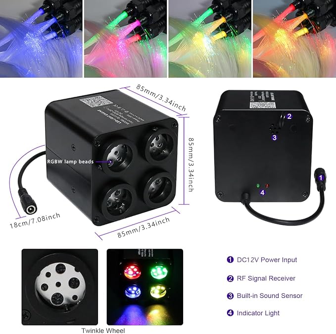 AZIMOM 4Port 36W Twinkle 1200pcs 0.03in 13.1ft Fiber Optic Starlight Headliner Kits 4Colors Light Source Sound Activated Remote APP Control Home Indoor Ceiling Car Headliner Decoration