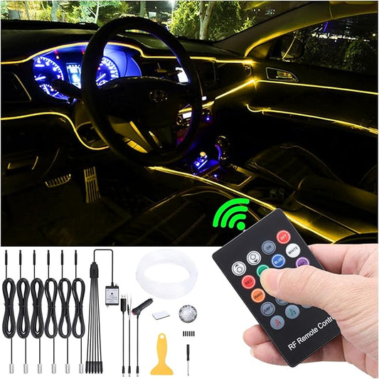 8 Meters Optic Fiber Car Ambient Lighting with RF Remote Control 8 Colors Multicoloured Music Interior Lighting Kit DC 12V 1W