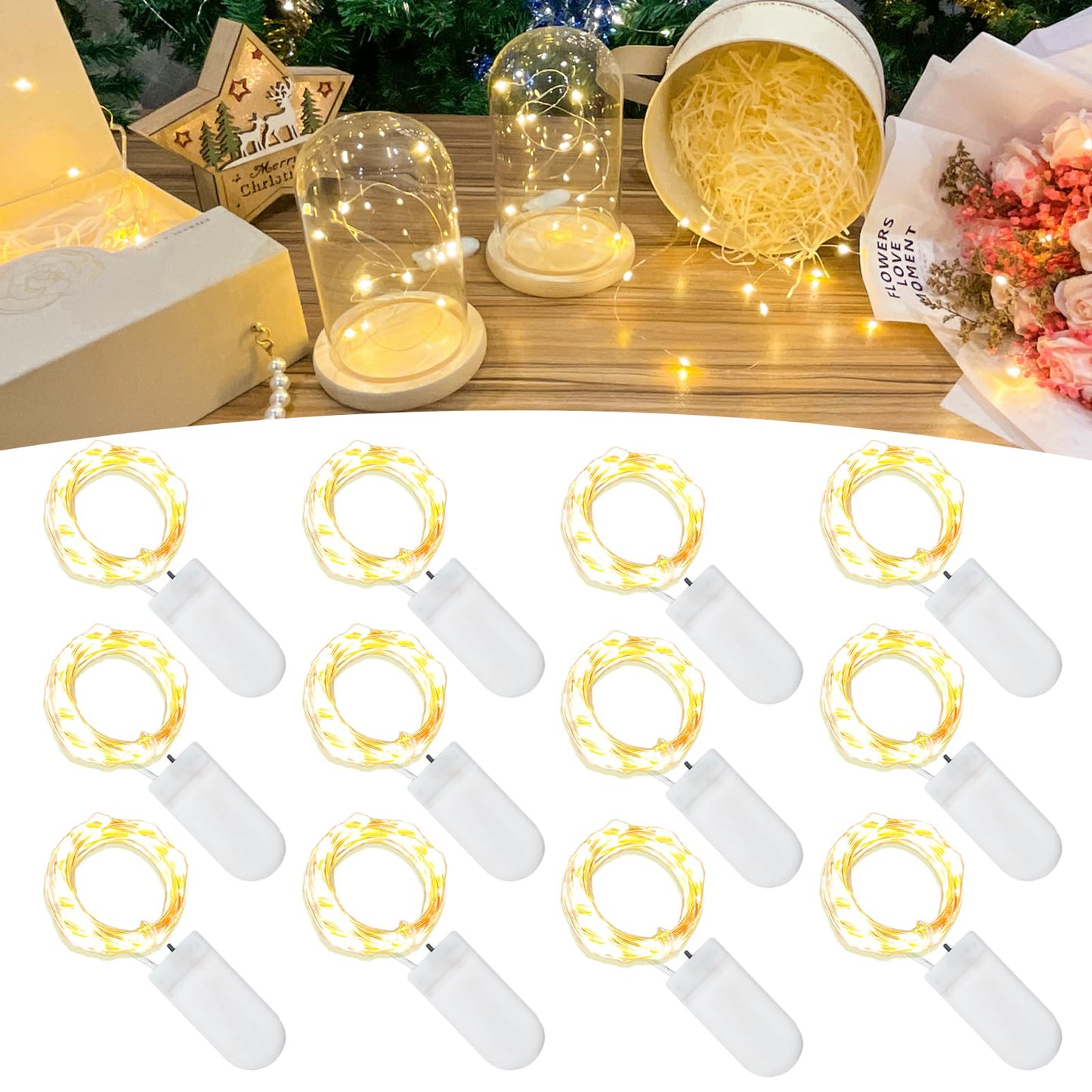 Etinga 12-Pack 7FT Fairy String Lights with 20 LEDs, Battery-Powered Decorative Lights for Party, Wedding, Christmas, Holiday Decorations,(Warm White, 12Pack 7Ft)