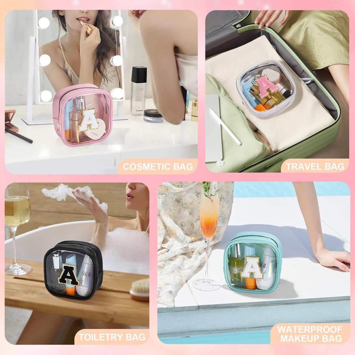 YOOLIFE Initial Make Up Bag Travel Toiletry Bag, Clear Makeup Bag Preppy Cosmetic Bags Organizer Travel Essentials Gifts for Women Teen Girlfriend Teacher Mom Birthday Mothers Day Gifts Blue F