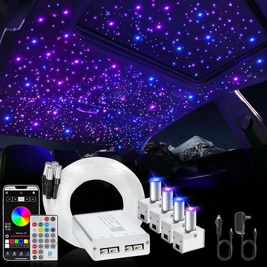 4 Colors 12W Car Starlight Headliner Kit 1200pcs*0.02in*9.8ft with APP&RF Remote,RGBW Fiber Optic Strands Star Roof Lights,4 Port Engine Sound Activated Ceiling Star Lights for Home/Car Decor