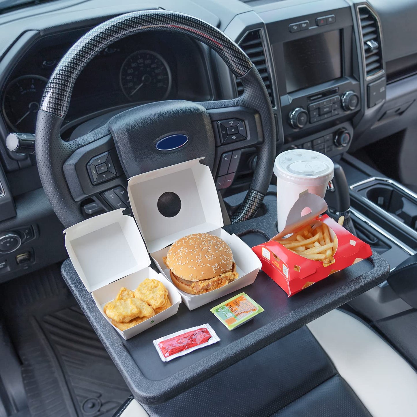 2 in 1 Automotive Car Steering Wheel Tray for Ford F150 F250 F350 Transit Ranger Bronco Explorer Fusion Mustang Truck Accessories 2004-2025,for Laptop, Tablet, iPad Or Notebook Car Travel Table