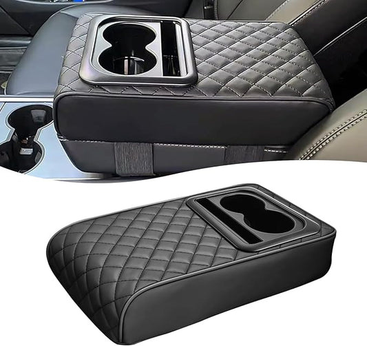 Car Center Console Cover, Leather Car Armrest Cover with Cup Holder, Phone Slot, Waterproof Arm Rest Protector Cushion Automotive Accessories (Black)