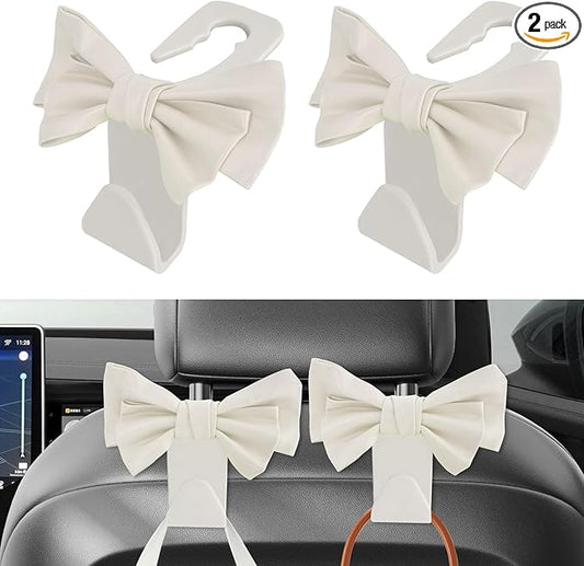 2PCS Car Purse Hooks, Car Hooks for Purses and Bags Cute, Cute Bow Shaped Vehicle Backseat Storage Hanger, Auto Leather Bow Back Seat Storage Hanging Holder Universal for Women Girls (White)