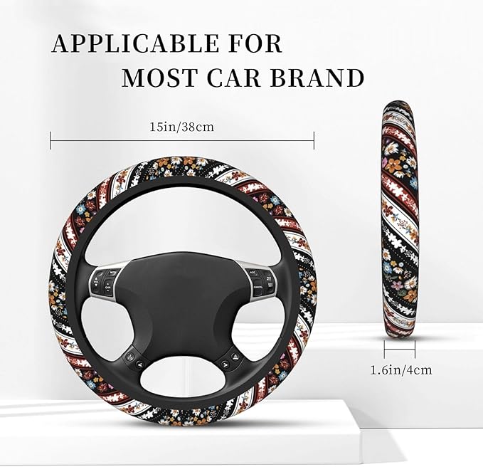 Boho Floral Steering Wheel Cover Women Men Flower Elastic Stretch Soft Car Wheel Protector Universal Breathable No-Slip Car Accessories for Truck Van SUV Auto Fit 14-15 Inches
