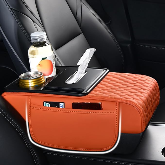 Car Center Console Armrest Pad, Arm Rest Box Cushion with Ergonomic Height Boost, Storage Pockets, Built-in Tissue Box, Cupholder, Fit for Most Sedan Vehicles (Embroidery Water Ripple, Orange)