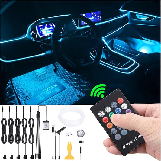 Car Atmosphere Light Kit 6m Fiber Optic RGB Multicolor Sound Active Music Sync Memory Function RF Remote Controller USB Car Interior Ambient Lighting Kit DC 12V