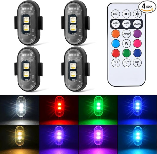 4PCS Wireless LED Strobe Lights with Remote Control, 8 Colors Rechargeable Led Lights Anti-Collision LED Emergency Warning Lights for Car Motorcycle Bike Drone Aircraft
