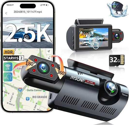 3 Channel Dash Cam with WiFi & GPS, Front and Rear/Inside, Voice Control 4K/2.5K+1080P+1080P Triple Dash Camera for Cars, 3" IPS Touch Screen, Free 32GB Card