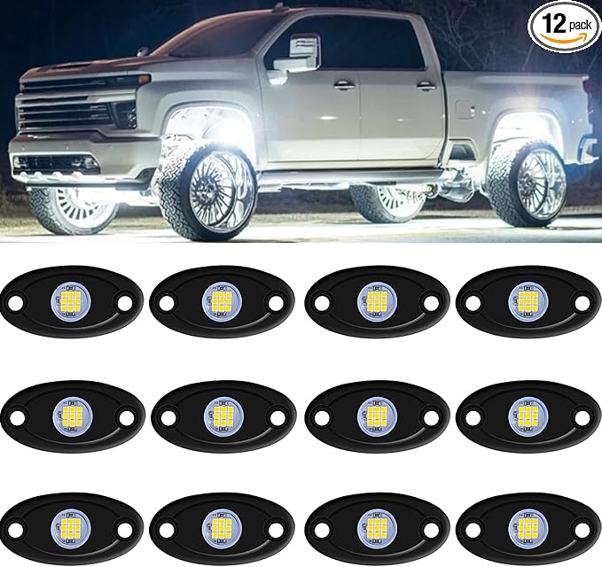 White Rock Light 12pods 6000k Pure White Led Rocks Lights kit Ip68 Waterproof 47inch Extension Wires for ATV Rv Utv SUV Offroad Pickup Trucks Golf Boat Cars Trailer Fender Underglow Lighting (White)
