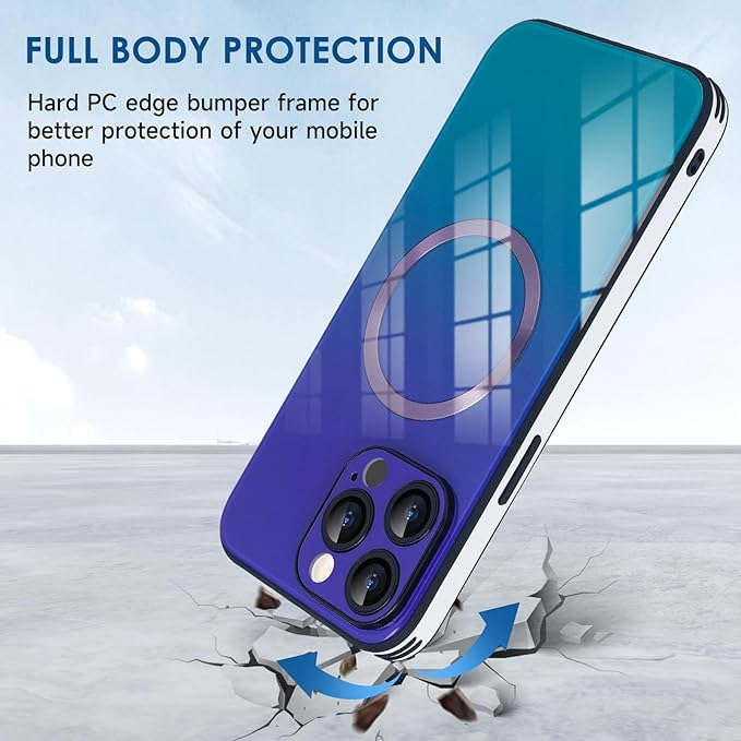 Guppy Compatible with iPhone 15 Pro Max Case Magnetic, with Full Camera Lens Protector [Compatible with MagSafe] Scratch Resistant Gradient Glass Back Cover Phone Case-Purple