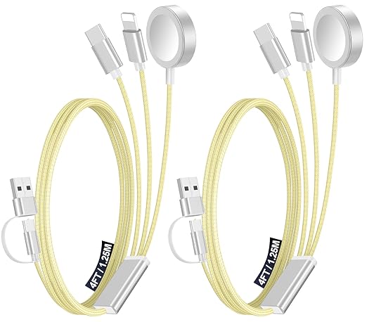 2Pack Multi Charging Cable Cord for Travel Essentials,Apple Watch Charger,iPhone Charger,[3-in-2] Type C/L Cable Portable Designed for iWatch,iPhone 17-8,Galaxy S25-21,AirPods,iPad-4FT Yellow