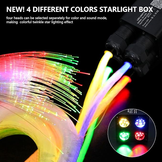AMKI Updated 4Color Twinkle 36w Starlight Headliner Kits 2000pcs 0.03in 13.1ft Fiber Optic Light Cable 4 Ports Starlight Box App/Remote Control Sound Mode for Car Home Ceiling Decoration