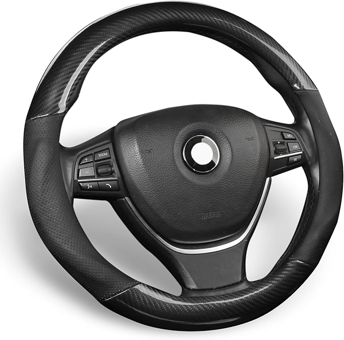 ALEMODR Black Carbon Fiber Leather Steering Wheel Cover Universal 15 inch