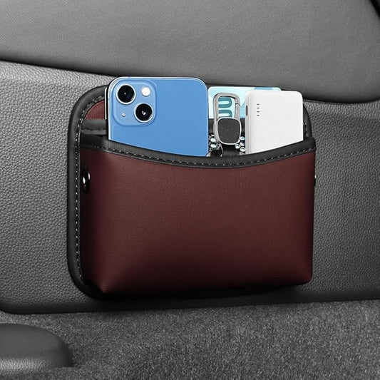 Car Seat Side Pocket Organizer - PU Leather Auto Door Console Mini Storage Bag for Keys, Phone, Sunglasses, Registration, and Documents (Dark Red)