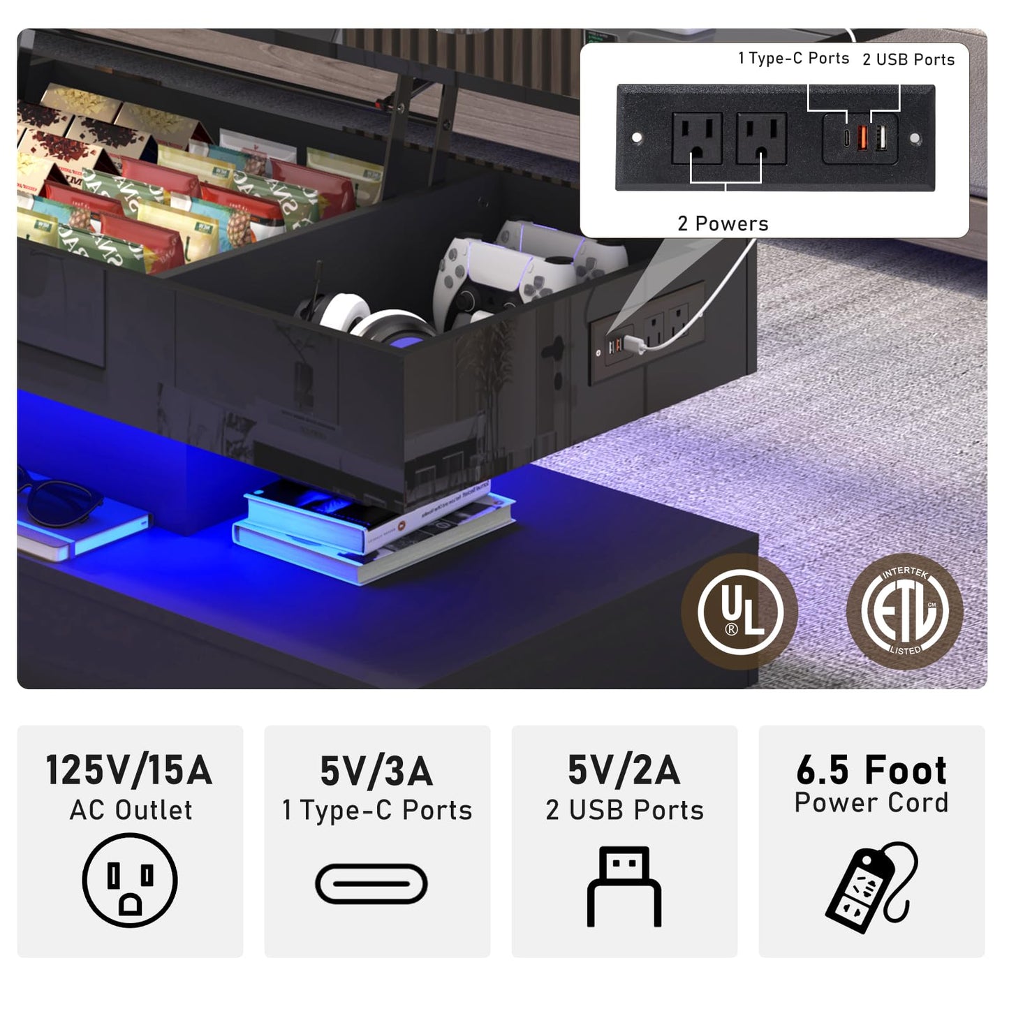47.2" Large Lift Top Coffee Table,Modern High Glossy LED Coffee Tables for Living Room with Storage,Black Living Room Tables for Living Rooms,Dining Room,Bedroom Home Office,APP LED Lights（Black）