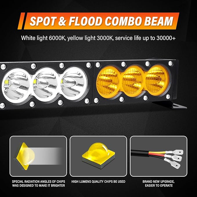 Willpower 44 inch LED Light Bar Single Row White Amber Dual Color 240W Off Road Light Bar Spot Flood Combo LED Work Light Truck UTV 4x4 Cars SUVs ATVs Boats Fog Driving Light with Wiring Harness kit