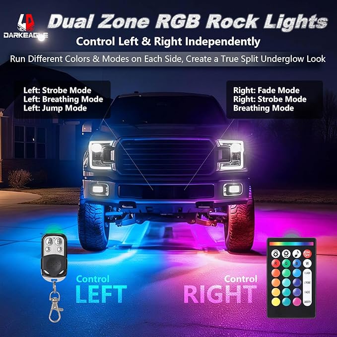 20Pods Full Angle RGB LED Rock Lights Full Kit for Trucks Pickup Dually Truck Off-Road, 600Chip Waterproof Multicolor Underglow Light with APP/RF Remote, Pre Wired 12V Underbody Accent Light Dual Zone
