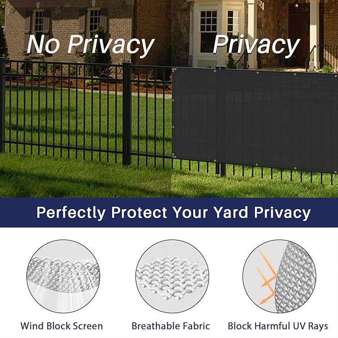 Windscreen4less Privacy Fence Screen Heavy Duty Windscreen Fencing Mesh Fabric Shade Net Cover with Brass Grommtes for Outdoor Wall Garden Yard Pool Deck, 8'x201' Black