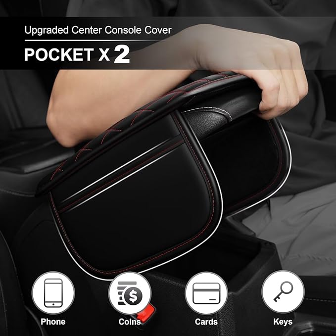 Upgraded Car Center Console Cover Fit for Corolla Faux Leather Car Armrest Cover Cushion with 2 Storage Bags,Car Armrest Storage Box Interior Accessories(Black&Redline)