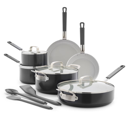 GreenPan x Bobby Flay 13 Piece Nonstick Cookware Pots and Pans Set, PFAS-Free Diamond Ceramic, Induction Suitable, Easy Clean Dishwasher & Oven Safe, Stay-Cool Silicone Handles, Glass Lids, Graphite