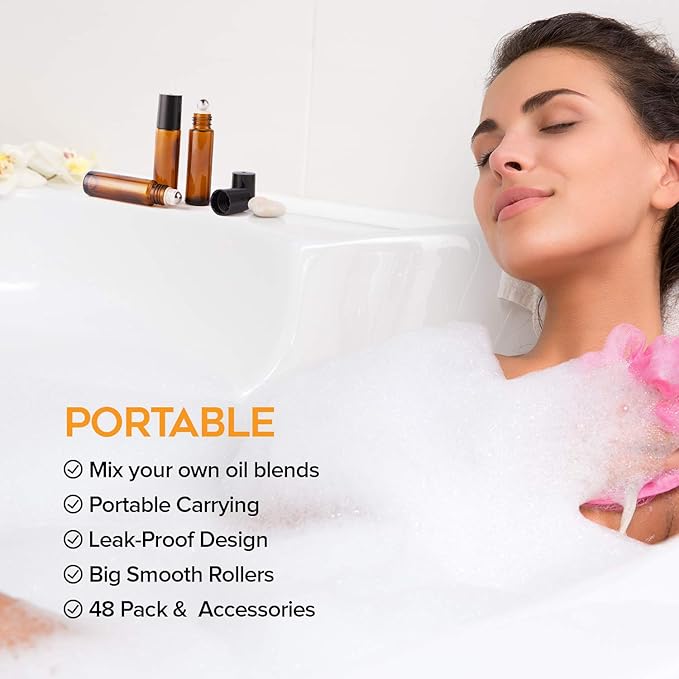 Essential Oil Roller Bottles, 48 Pack Hoa Kinh 10ml Empty Glass Amber Roller Bottles UV Protection with Stainless Steel Balls (10ml-48pack)