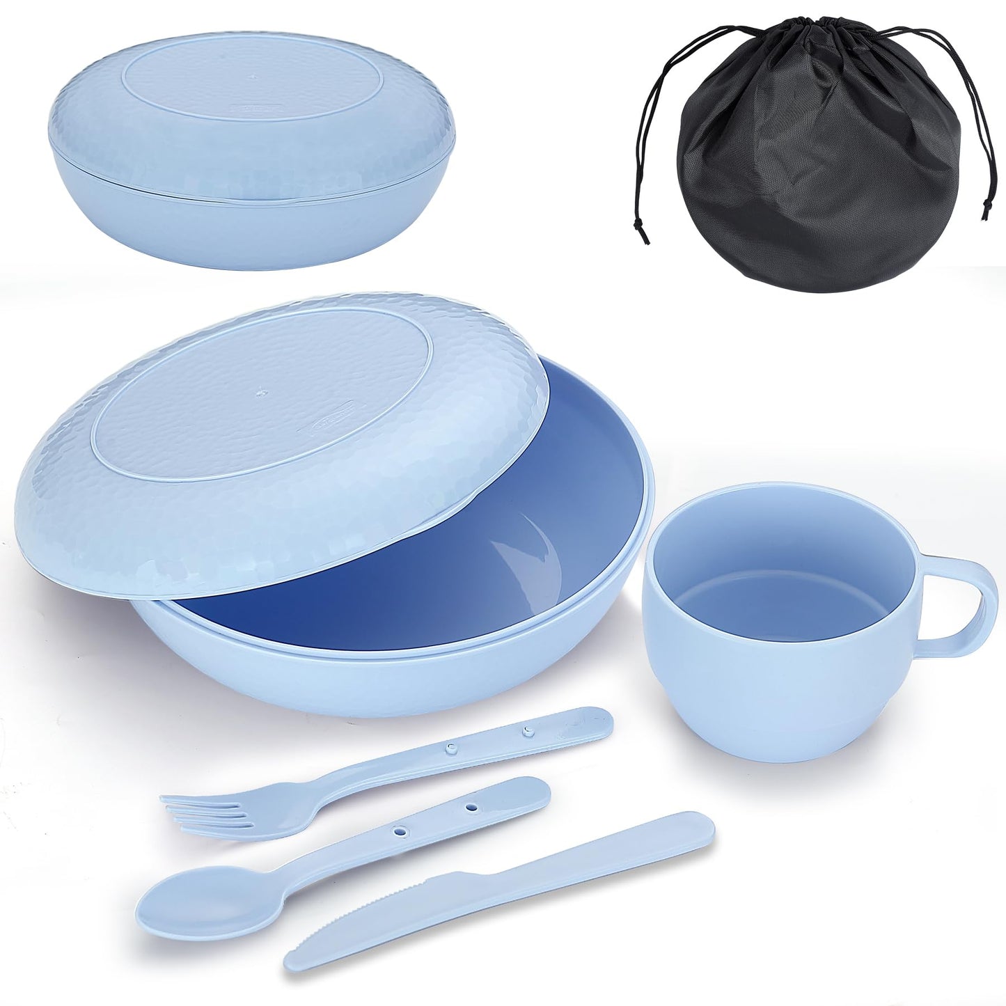 Evanda Camping Mess Kit with Bowl, Plate, Cup, Spoon, Fork, Knife and Carry Bag, Reusable Camping Accessories Essentials Gear Light Weight and Small Space Easy to Carry or Put in Backpack