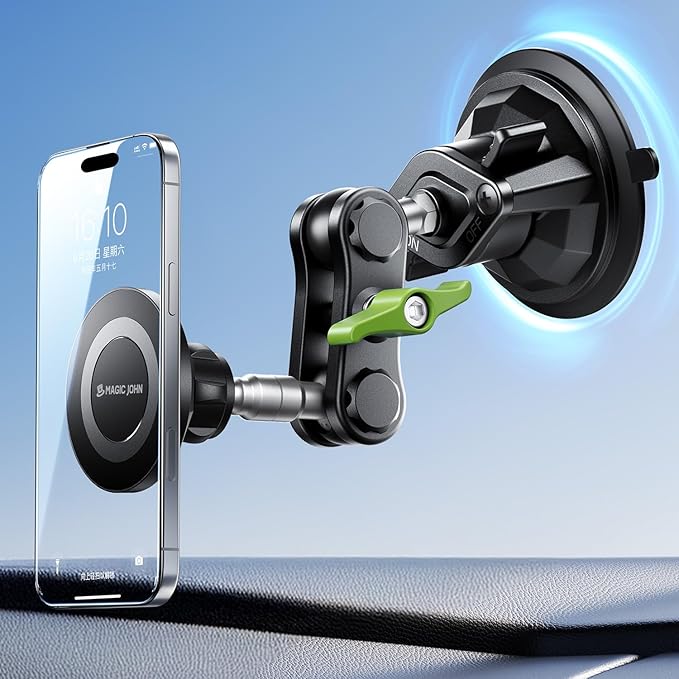 MAGIC JOHN Magnetic Car Phone Holder [Strong Suction&Strong Magnetic] 360° Adjustable Car Phone Mount for Windshield, Ultra-Durable Metal, Suction Cup Car Phone Mount for iPhone Samsung All Smartphone