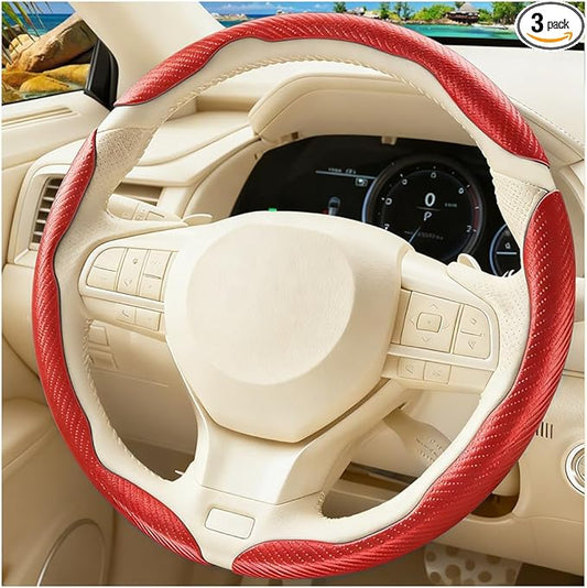 3PCS Carbon Fiber Car Steering Wheel Cover, Leather Segmented Anti-Skid Steering Wheel Protector, Snap on Automotive Interior Protection Accessories, Universal for Vehicles (Red)