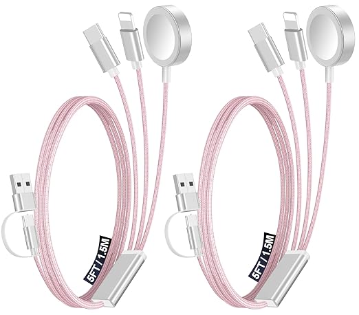 2Pack Multi Charging Cable Cord for Travel Essentials,Apple Watch Charger,iPhone Charger,[3-in-2] Type C/Lightning Cable Portable Designed for iWatch,iPhone 17-8,Galaxy S25-21,AirPods,iPad-1.5M Pink