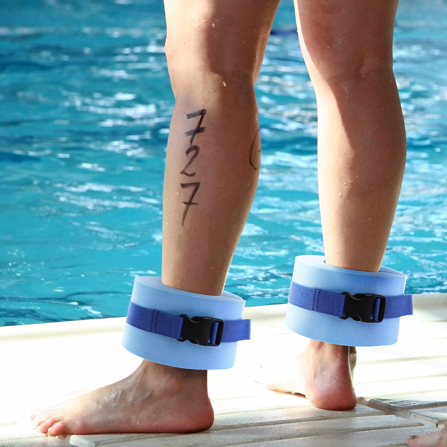 Foam Swim Aquatic Cuffs, Water Aerobics Float Ring Fitness Exercise Set, Ankles Arms Belts with Quick Release Buckle for Swim Fitness Training Set, Set of 2, Blue