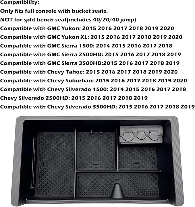 JOJOMARK Center Console Organizer Tray Compatible with 2014-2018 GMC Sierra Accessories, (2015-2020) Yukon/Chevy Tahoe Silverado Suburban, Armrest Storage Box Replaces 22817343(Black)