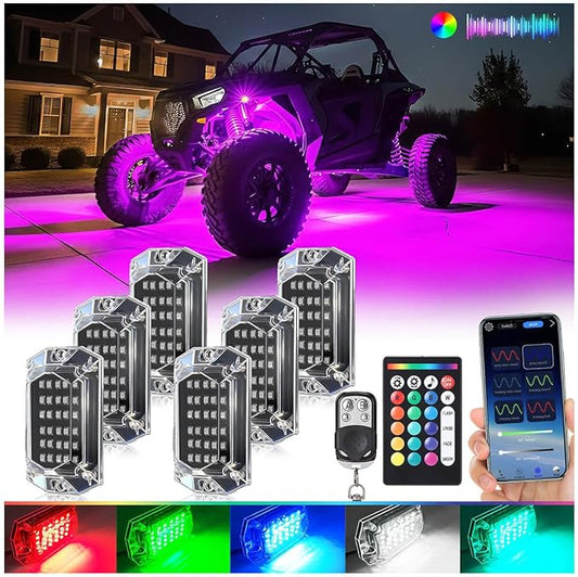 6Pods Full Angle RGB LED Rock Lights Full Kit for UTV ATV RZR SXS Can-Am Four Wheeler Quad Side by Side Offroad Golf Cart with APP/RF Remote,Waterproof Multicolor Underglow Light 180Chip Dual Zone 12V