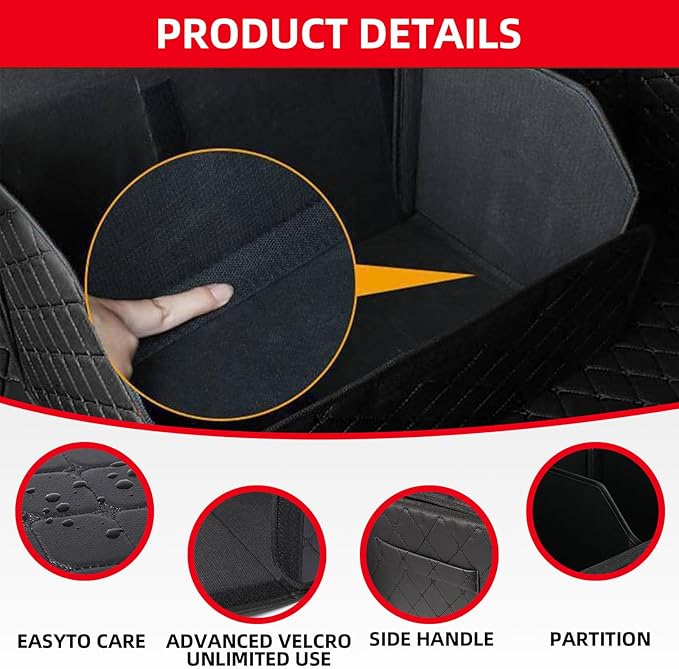 2Pack Leather Trunk Organizer for SUV & Sedans - Extra Large Foldable Car Storage Box with Lid, Adjustable Removable Dividers and Carry Handle, Collapsible Auto Cargo Organizer Black