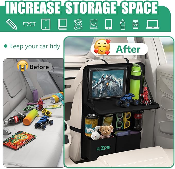 Plzpik Car Backseat Organizer with Tablet Holder,11 Storage Pockets with Foldable Food Tray, Protector Kick Mats for Kids, Travel Accessories Organizer (Black, 1Pack with Food Tray)