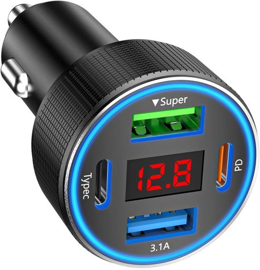 Car Charger USB C, 78W 4 Port Fast Charging Car Phone Charger Adapter, Dual USB-C & USB-A Cigarette Lighter Adapter with Voltmeter Type C Vehicle Accessories for iPhone 16 15, iPad, Samsung, Android