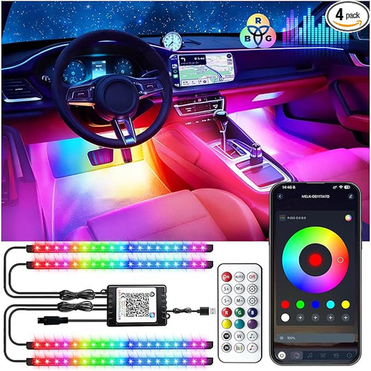 Car LED USB Interior Strip Lights with Remote Control, Dream RGB Color Car Ambient Lighting APP Control, Multicolor Footwell Under Dash Chasing Inside Light Kits for Cars ATV Truck, DC5V