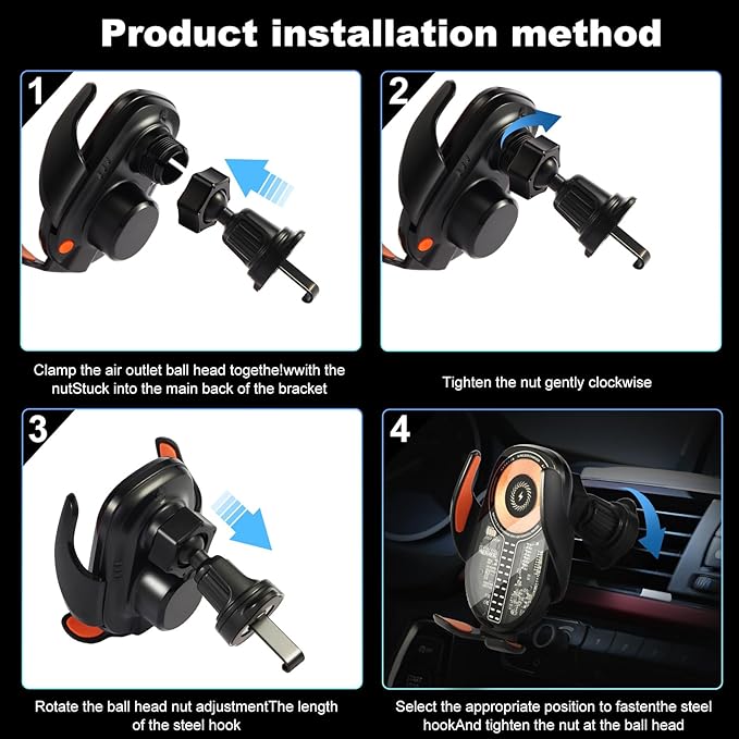 Wireless Car Charger Mount Cell Phone Holder Car - Auto Clamping 3-Axis Adjustable Phone Mount for Car Vent with 15W Fast Charging and Ultra-Thin Design Slim Profile for iPhone 16 Pro Max 16 15 14