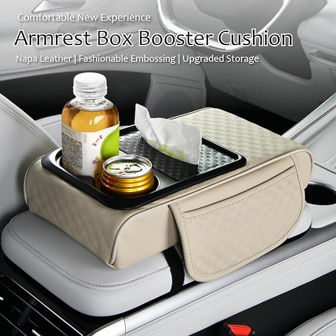 Car Center Console Armrest Pad, Arm Rest Box Cushion with Ergonomic Height Boost, Storage Pockets, Built-in Tissue Box, Cupholder, Fit for Most Sedan Vehicles (Embossing Checkerboard, Black)