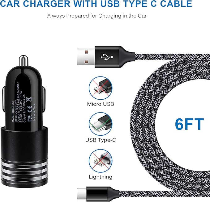 USB C Fast Charger for Samsung Galaxy S26/S25/S24/S23/S22/S21 Ultra/S20 Note 20 A57 A37 A17 A56 A16 A35 A54 A13 A53 A12 A32 A21 A51 A71 A50,Quick Charge 3.0 Wall Charger Car Adapter 6FT Type C Cable