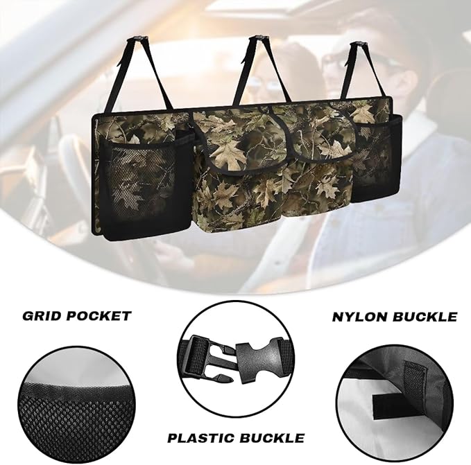 Camo Trunk Organizer for Car Storage Organizer with 4 Pockets, Space-Saving Trunk Storage Organizer with 2 Pockets & 2 Mesh Pouches for Groceries, Car Travel Accessories for Women and Men